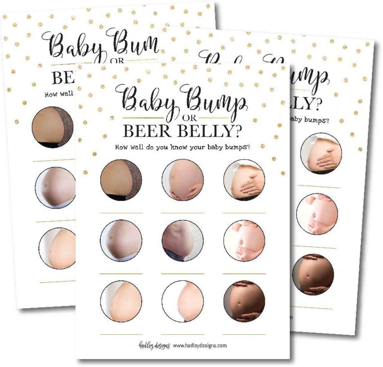 Baby Shower Game – 25 Double-Sided "Beer Belly or Baby Bump" Cards, Gender Neutral (Gold Dots)